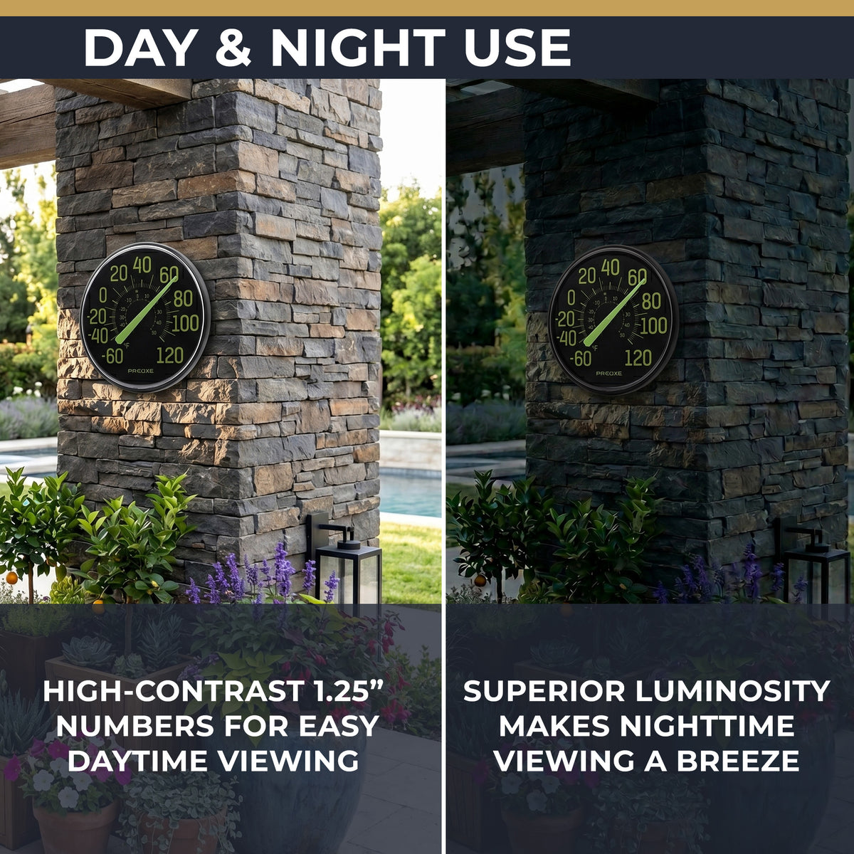 Precixe 12 Inch Glow in the Dark Indoor Outdoor Wall Thermometer
