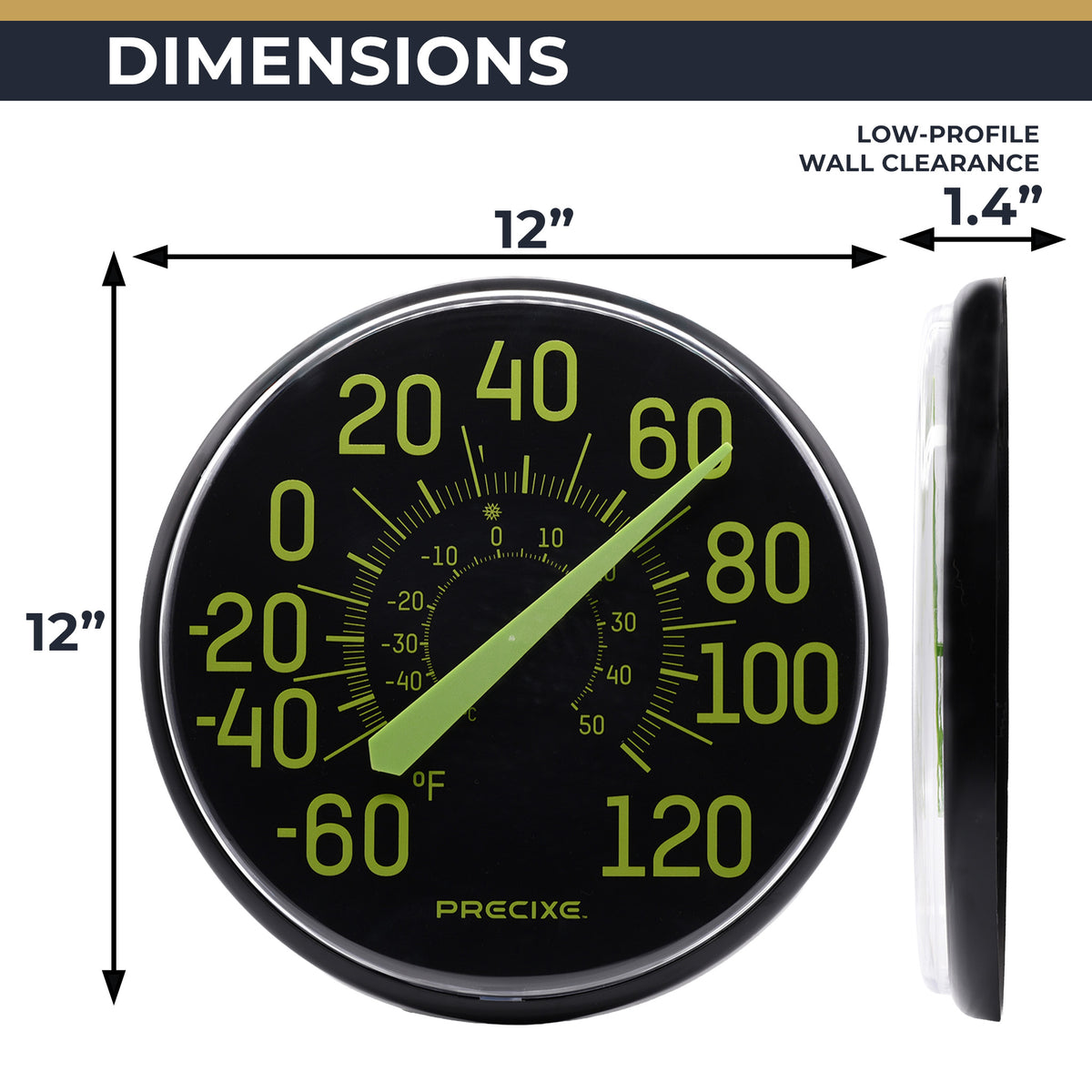 Precixe 12 Inch Glow in the Dark Indoor Outdoor Wall Thermometer