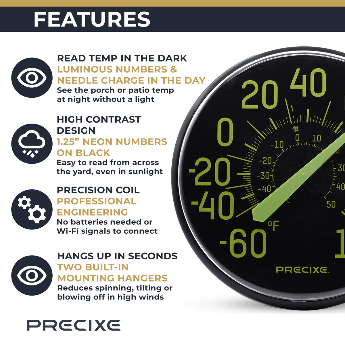 Precixe 12 Inch Glow in the Dark Indoor Outdoor Wall Thermometer
