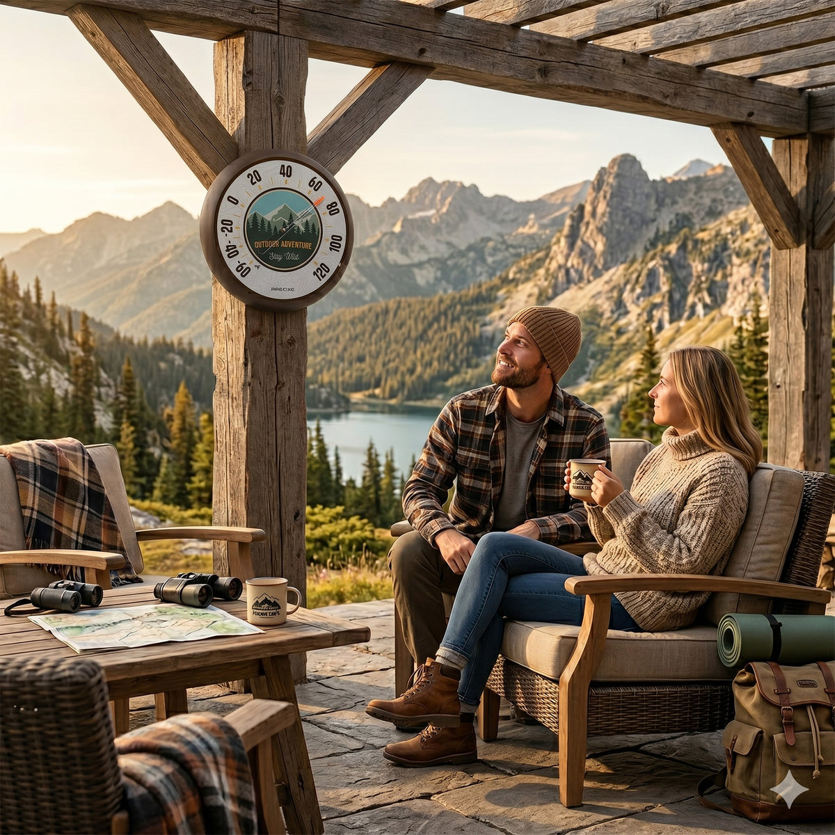 Precixe 13.5 Inch Indoor Outdoor Wall Thermometer | Rustic Mountain Adventure "Stay Wild" Design
