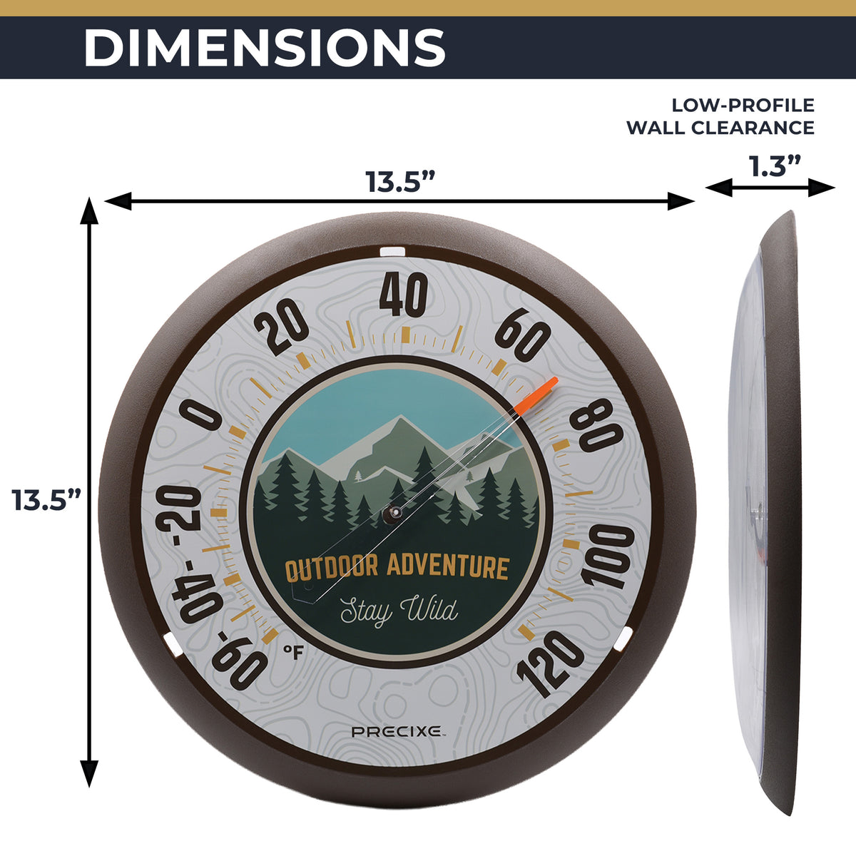 Precixe 13.5 Inch Indoor Outdoor Wall Thermometer | Rustic Mountain Adventure "Stay Wild" Design