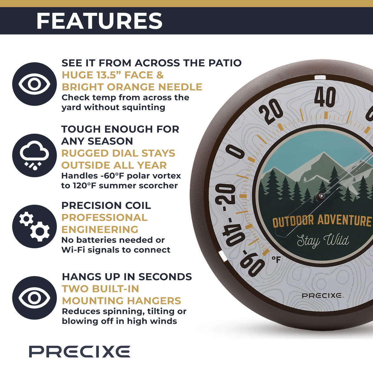 Precixe 13.5 Inch Indoor Outdoor Wall Thermometer | Rustic Mountain Adventure "Stay Wild" Design