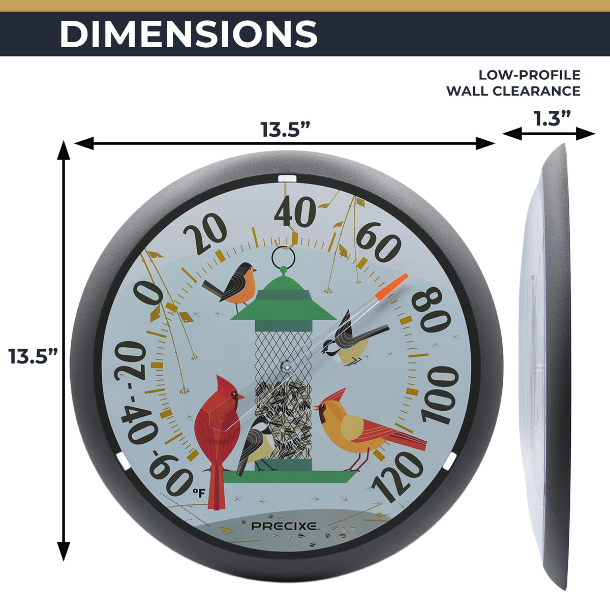 Precixe 13.5 Inch Indoor Outdoor Wall Thermometer | Decorative Bird Feeder & Songbird Design