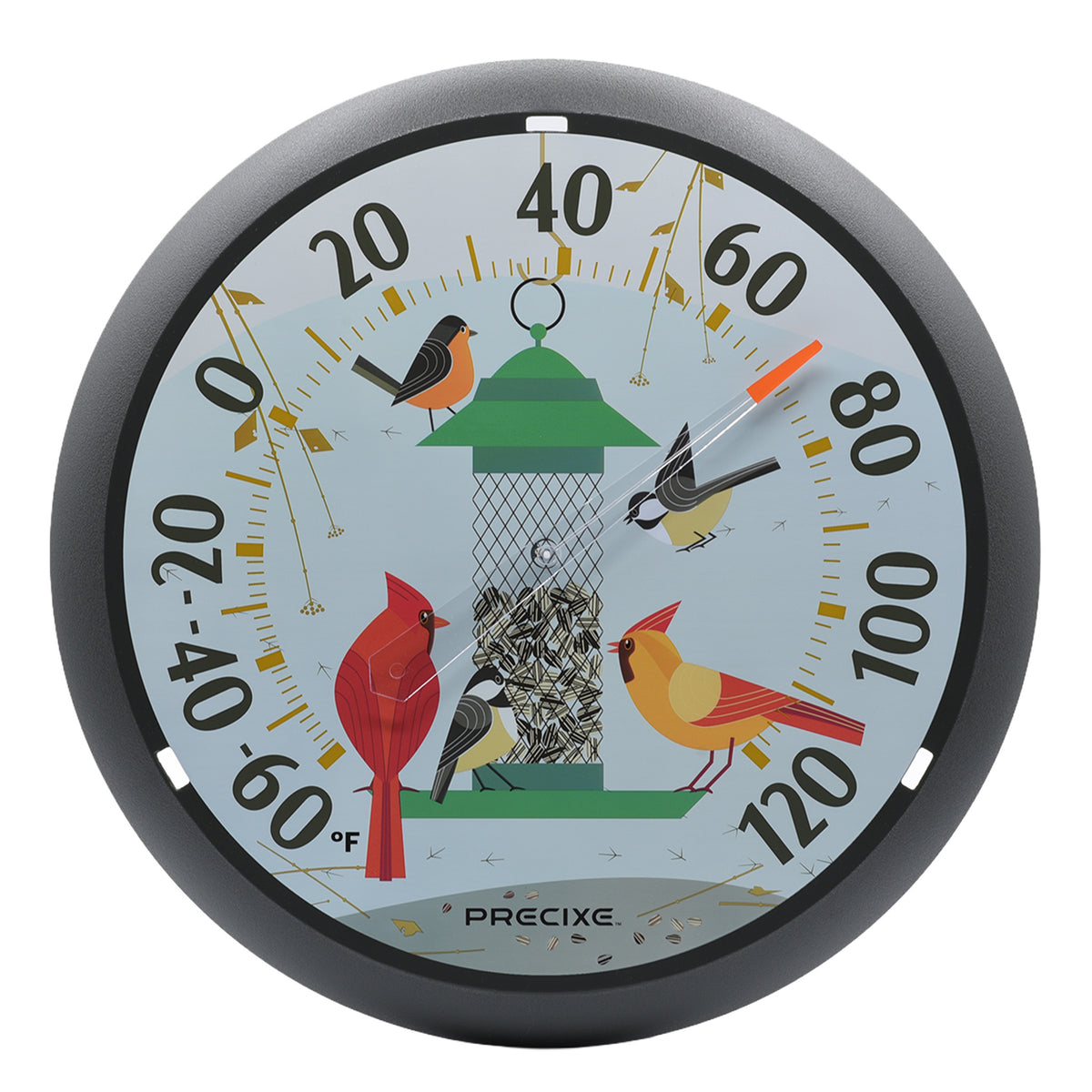 Precixe 13.5 Inch Indoor Outdoor Wall Thermometer | Decorative Bird Feeder & Songbird Design