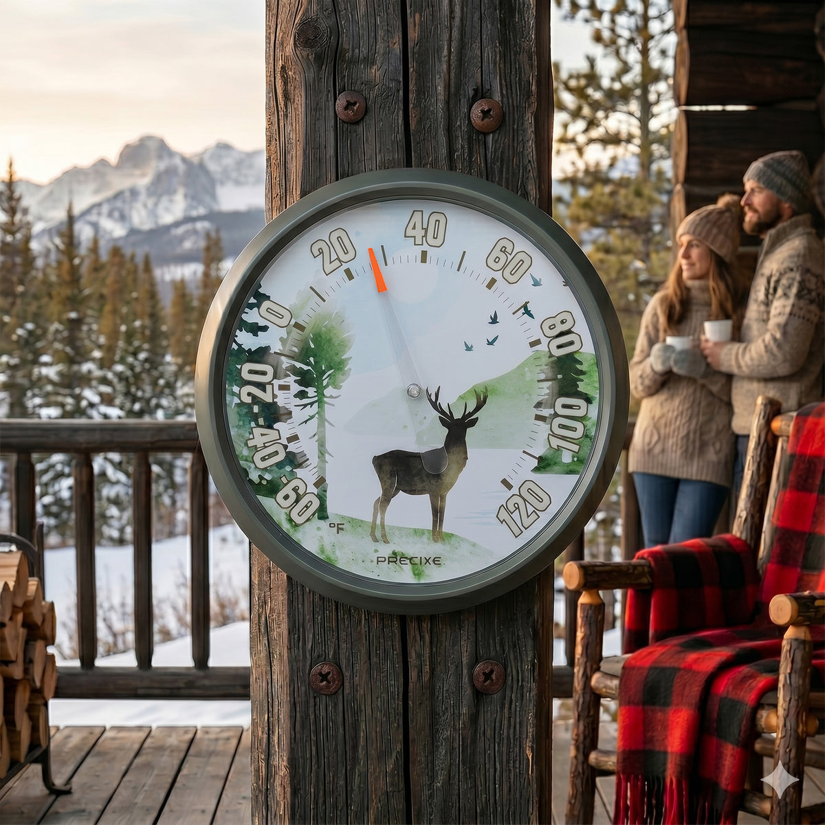Precixe 13.5 Inch Indoor Outdoor Wall Thermometer | Rustic Deer and Forest Wildlife Scene