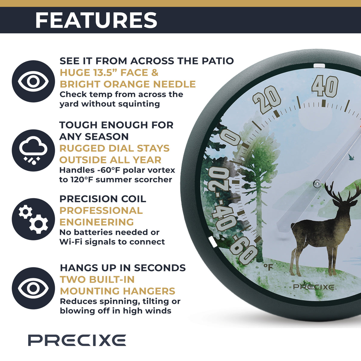 Precixe 13.5 Inch Indoor Outdoor Wall Thermometer | Rustic Deer and Forest Wildlife Scene