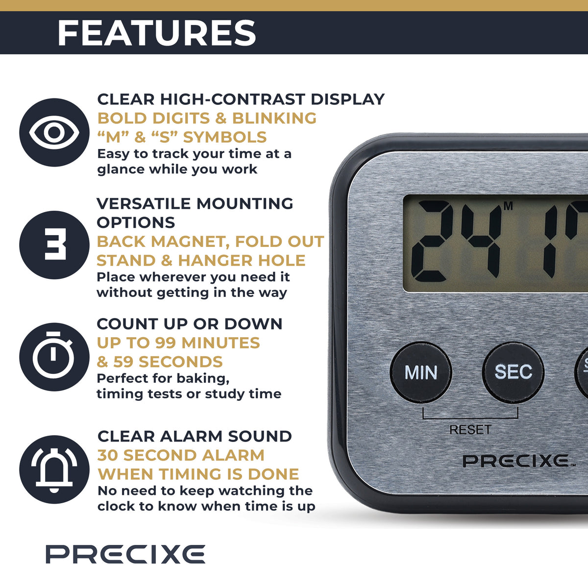 Precixe Compact Stainless Steel Digital Timer