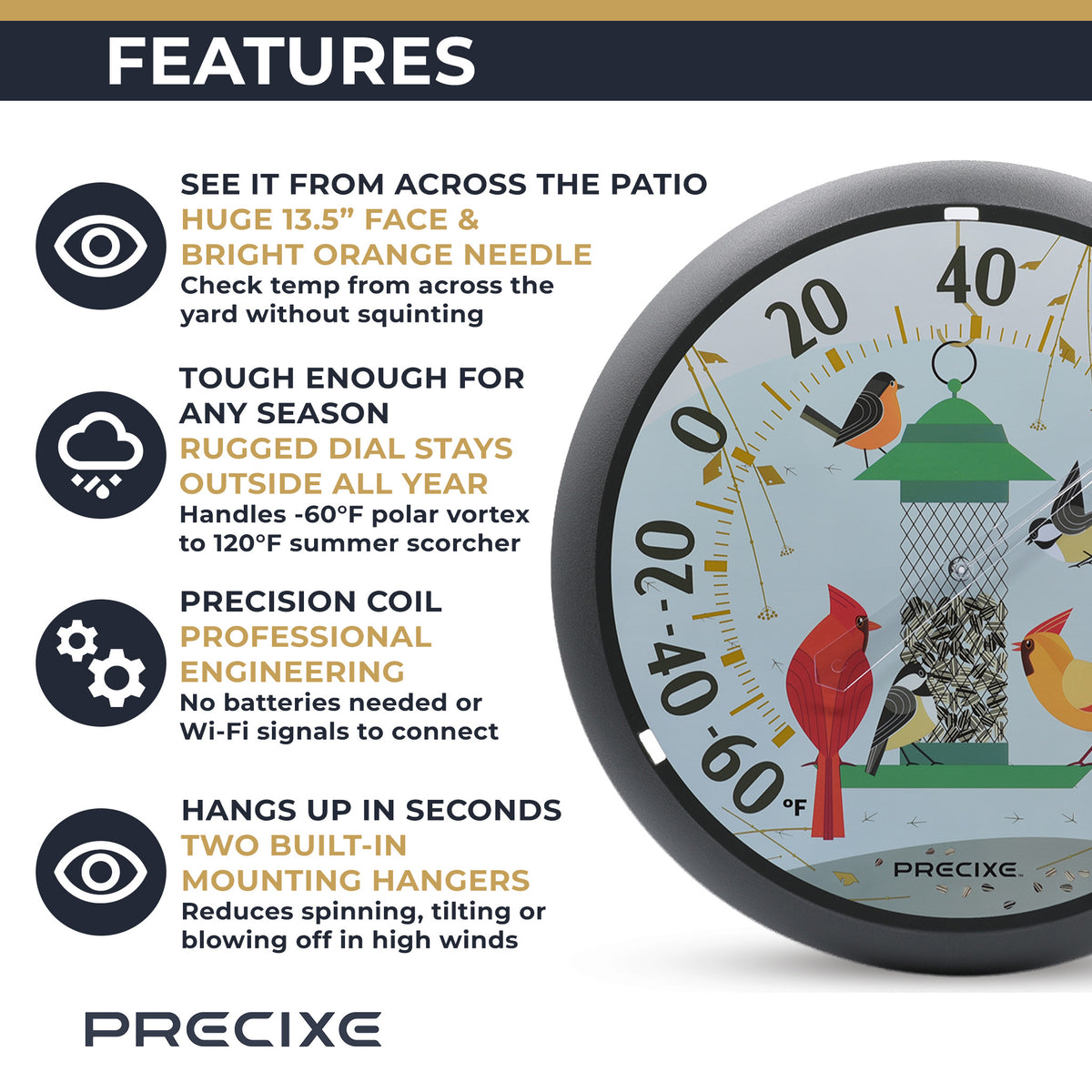 Precixe 13.5 Inch Indoor Outdoor Wall Thermometer | Decorative Bird Feeder & Songbird Design
