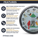 Precixe 13.5 Inch Indoor Outdoor Wall Thermometer | Decorative Bird Feeder & Songbird Design