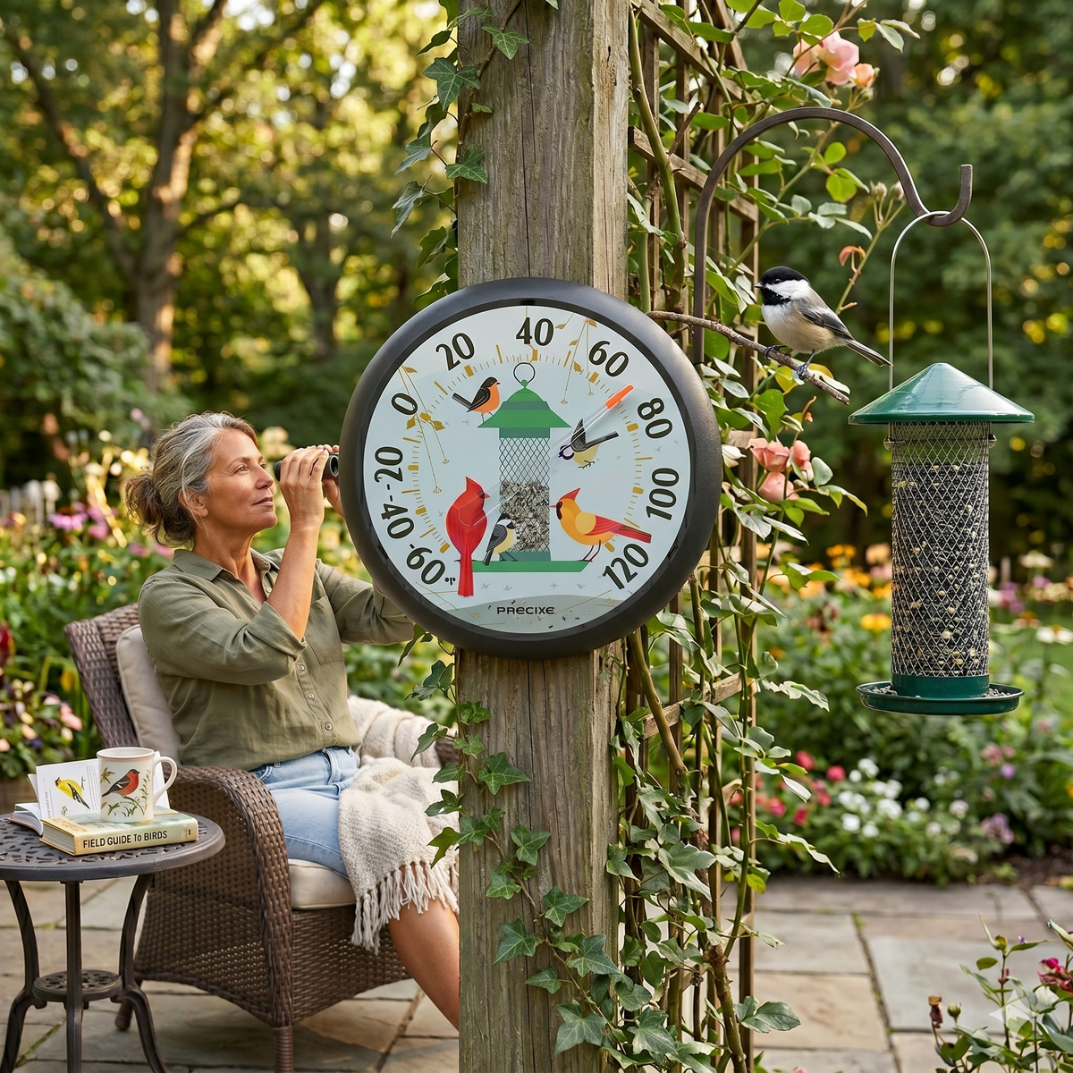 Precixe 13.5 Inch Indoor Outdoor Wall Thermometer | Decorative Bird Feeder & Songbird Design