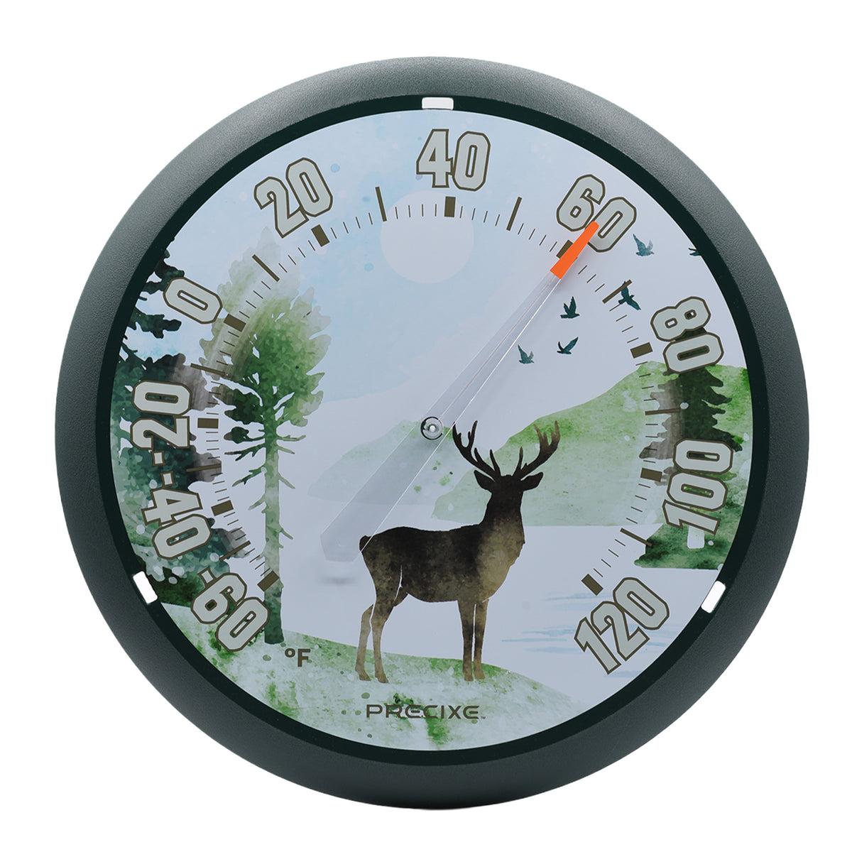 Precixe 13.5 Inch Indoor Outdoor Wall Thermometer | Rustic Deer and Forest Wildlife Scene