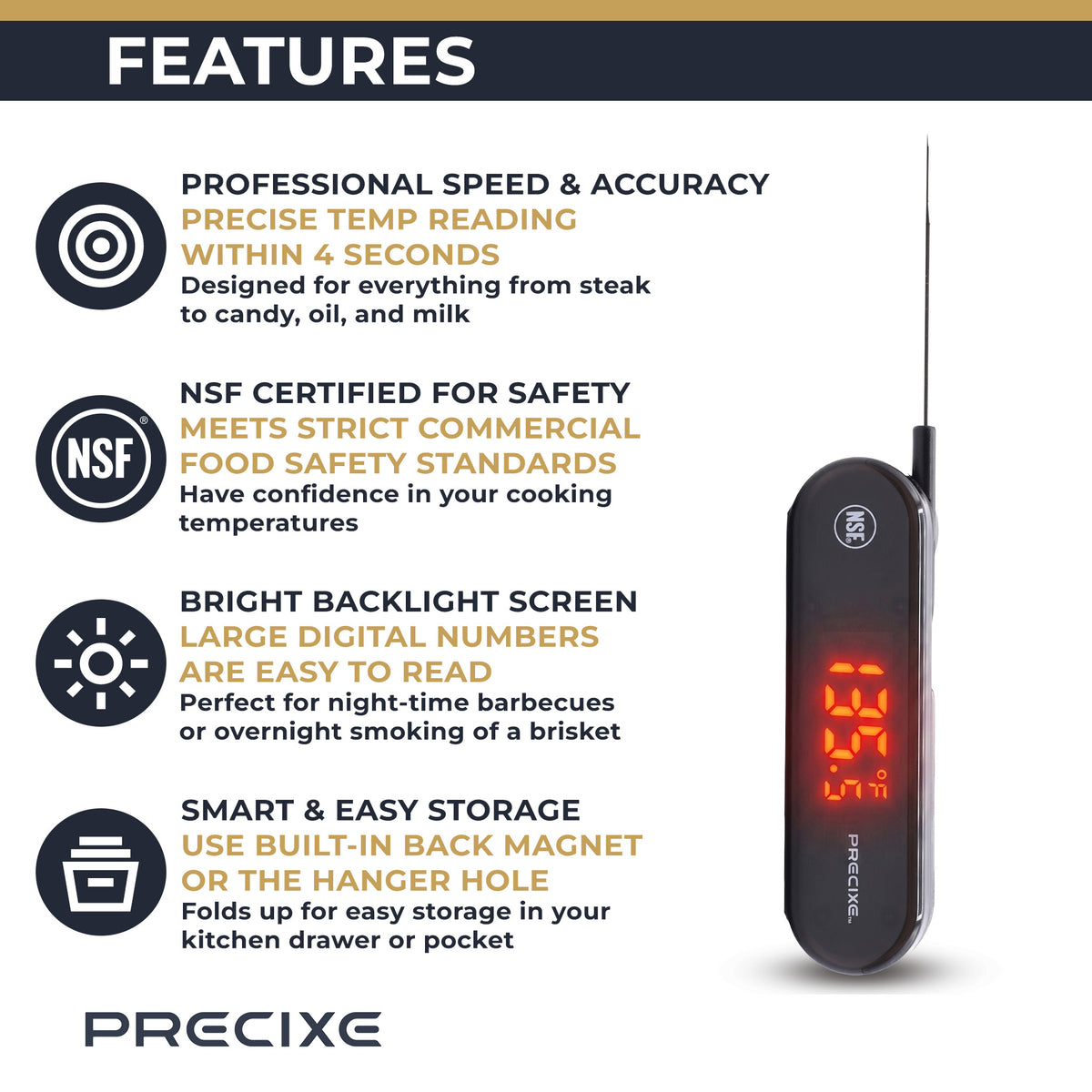 Precixe NSF Digital Meat Thermometer | Instant Read Folding Probe