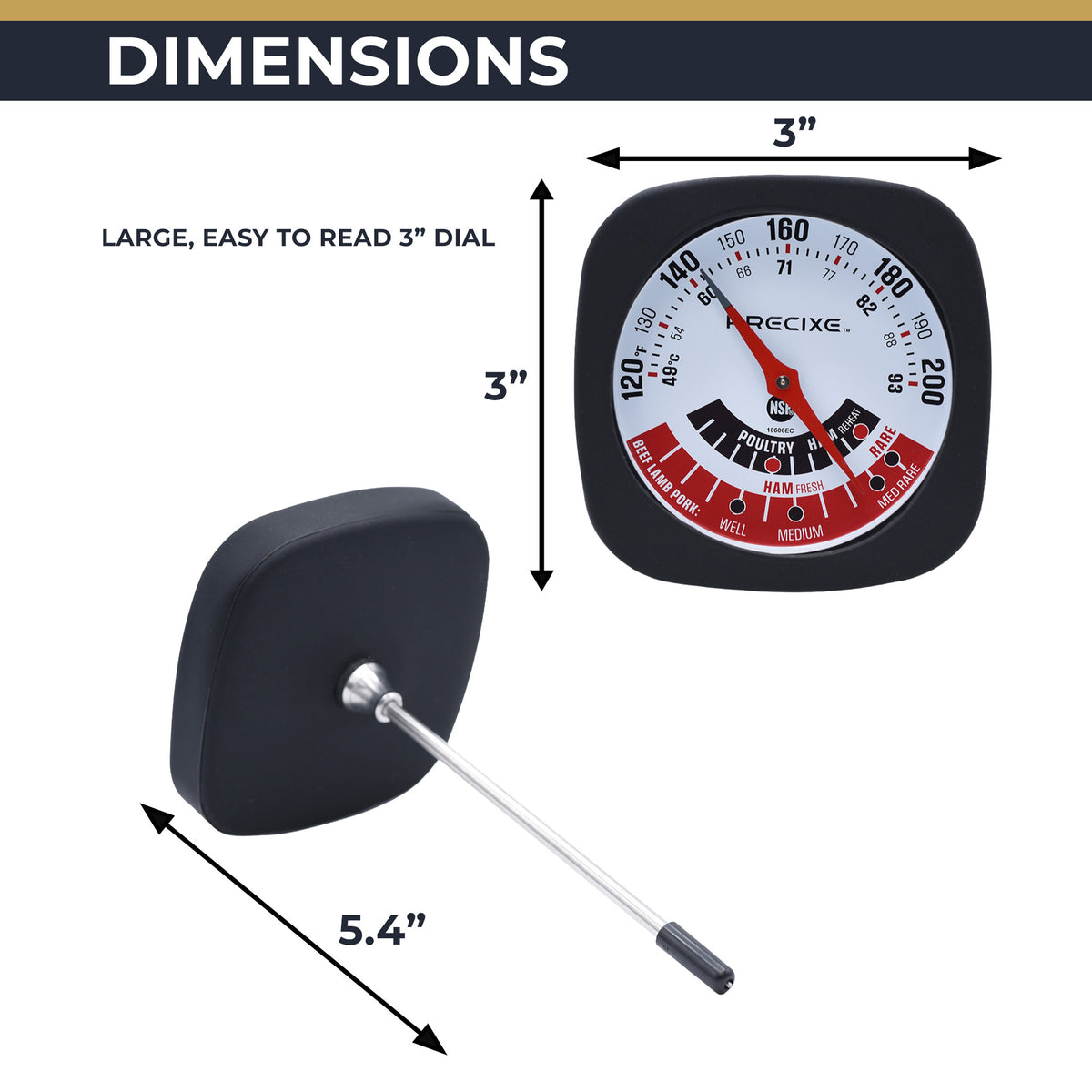 Precixe 3 Inch Large Analog Meat Thermometer