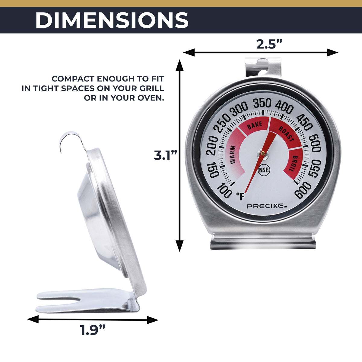 Precixe 2.5 Inch Stainless Steel Oven and Grill Thermometer 2-Pack