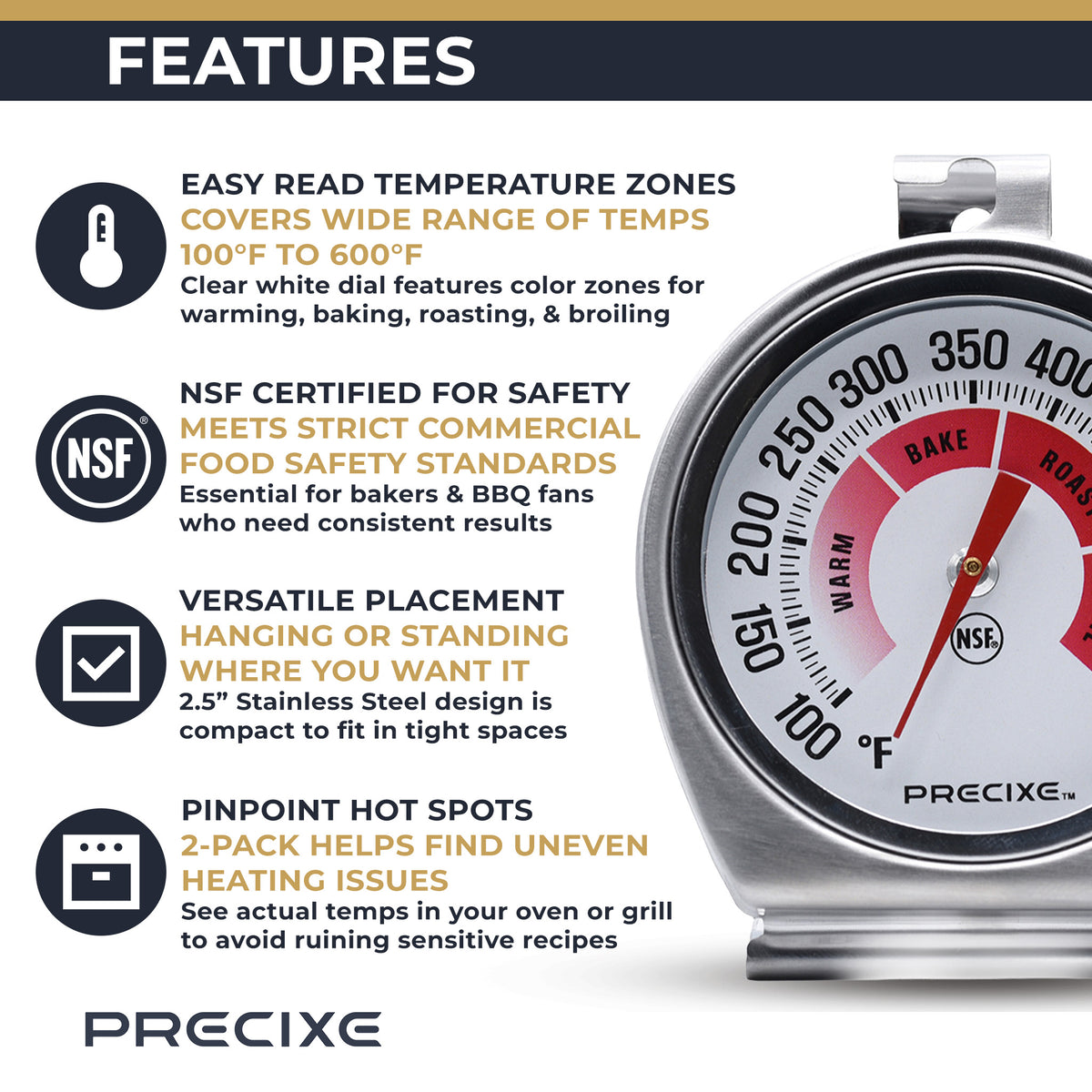 Precixe 2.5 Inch Stainless Steel Oven and Grill Thermometer 2-Pack