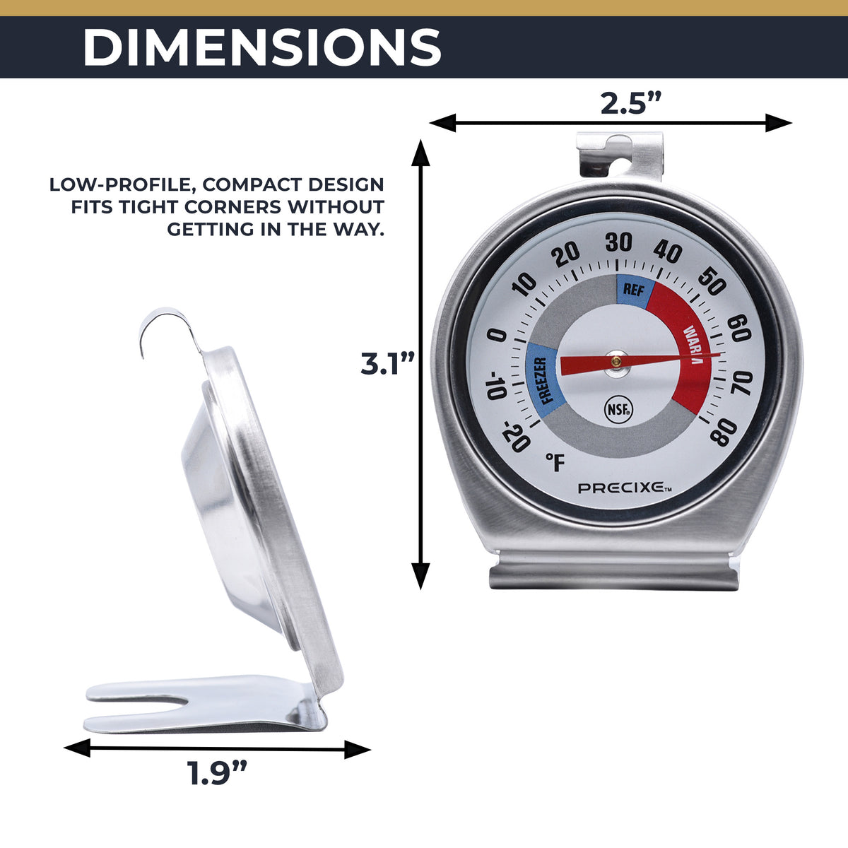 Precixe 2.5 Inch Stainless Steel Fridge and Freezer Thermometer 2-Pack