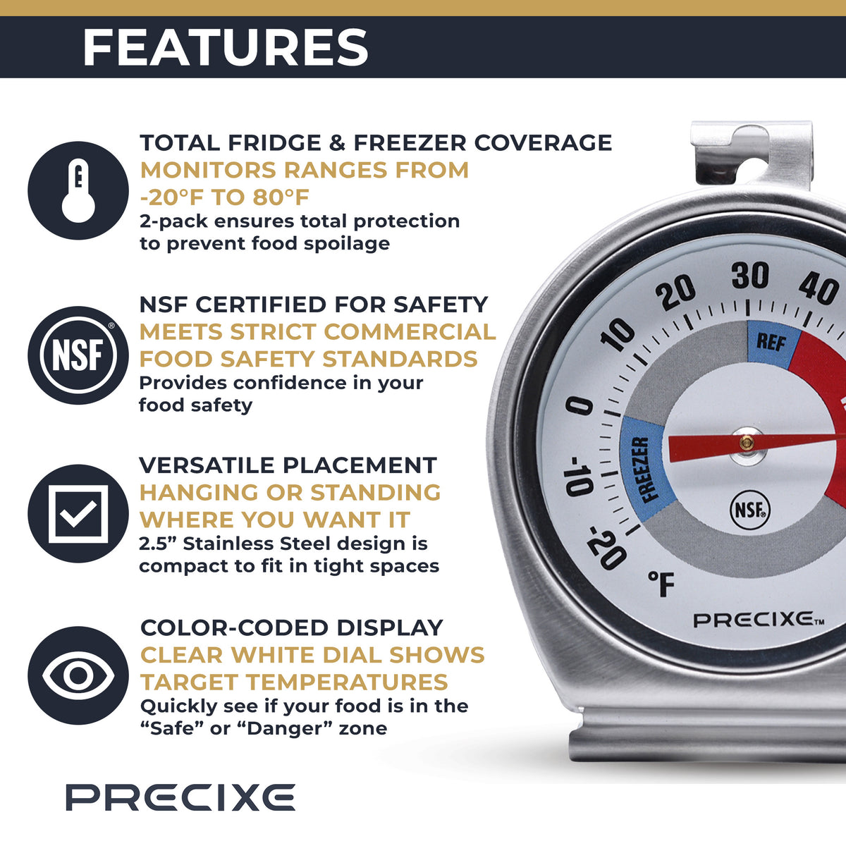Precixe 2.5 Inch Stainless Steel Fridge and Freezer Thermometer 2-Pack
